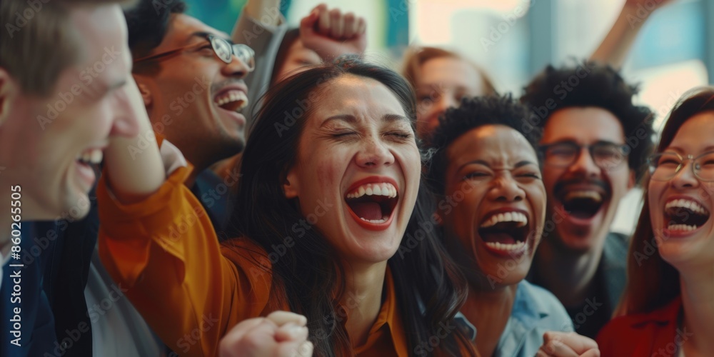 Obraz premium A group of happy people laughing and raising their hands in joy, great for a party or celebration scene