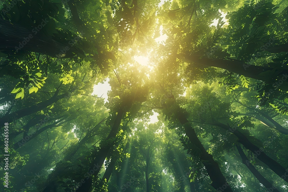 Aerial view of a dense forest with towering Aerial view of a dense forest with towering