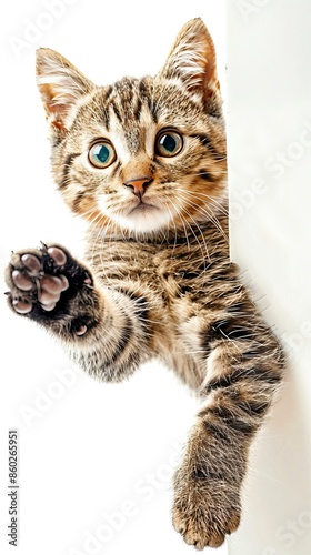 Happy cat peeks out from behind a banner and waving his paw. isolated on white background