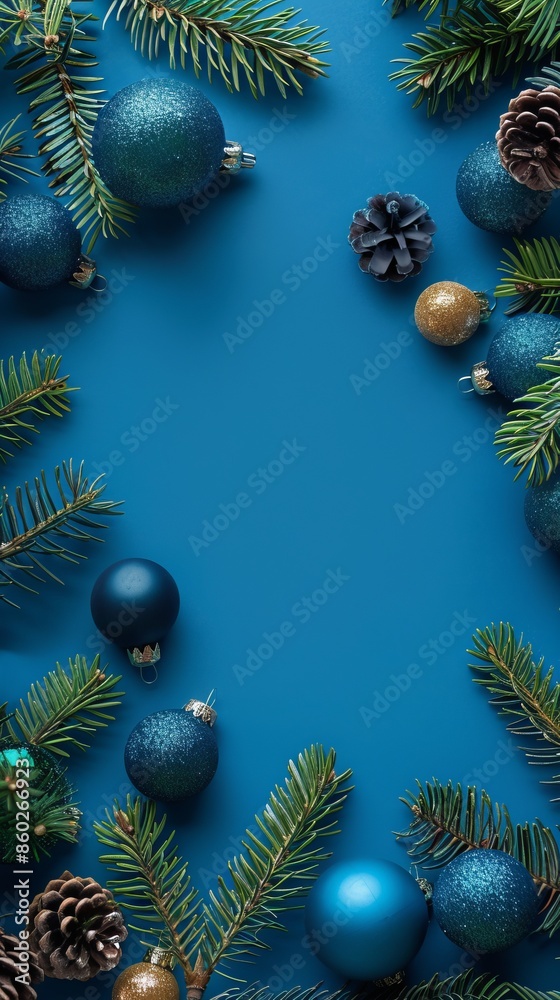 Blue Christmas background with pine tree branches and shiny balls decoration. Xmas frame, greeting card template, banner mockup. Flat lay, top view, copy space Blue Christmas background with pine tree branches and shiny balls decoration. Xmas frame, greeting card template, banner mockup. Flat lay, top view, copy space