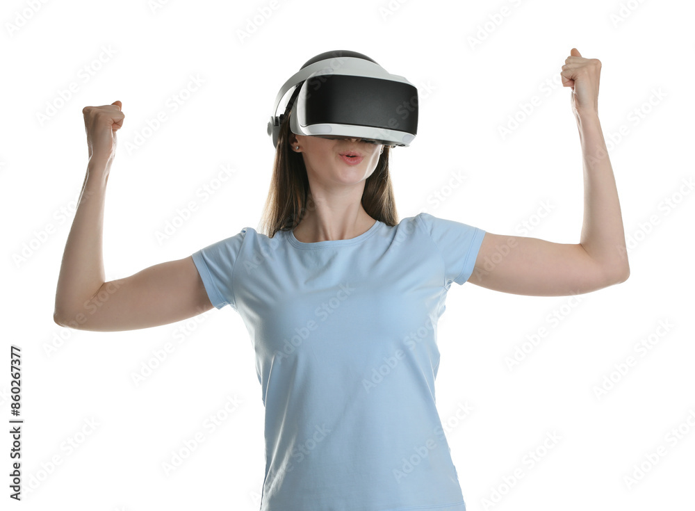 Surprised woman using virtual reality headset on white background Surprised woman using virtual reality headset on white background
