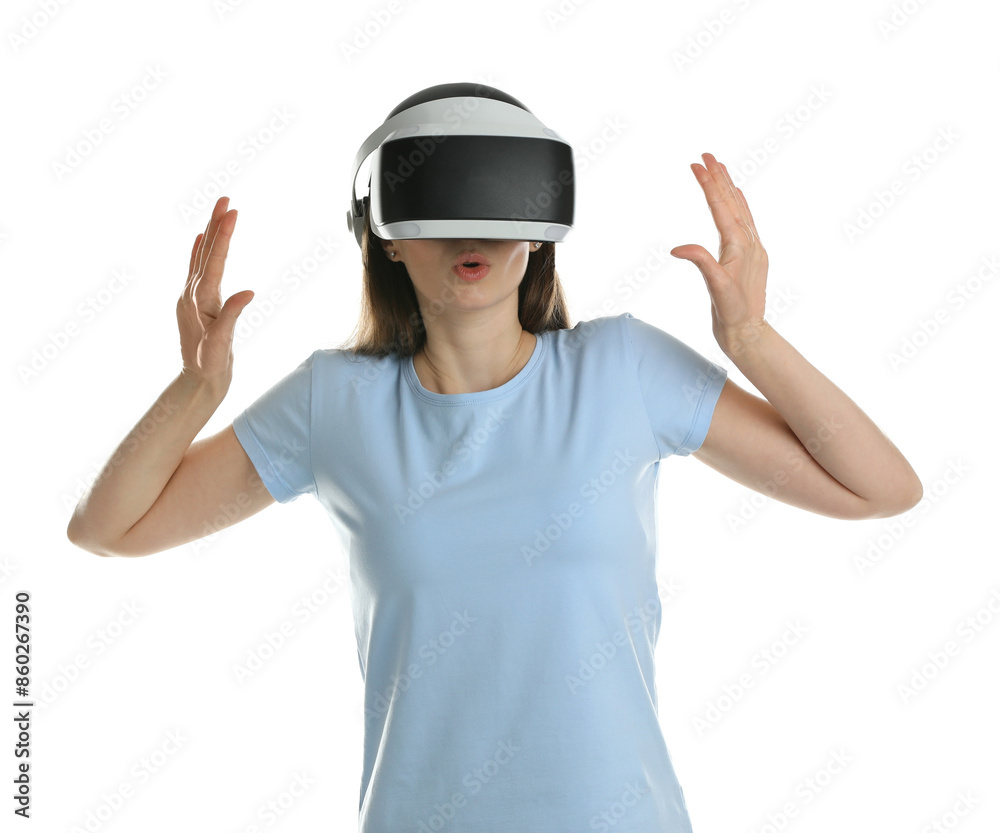 Surprised woman using virtual reality headset on white background Surprised woman using virtual reality headset on white background