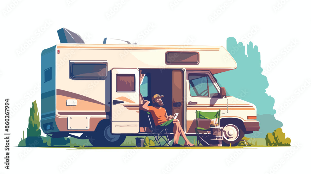 Obraz premium Man sitting in front of motorhome. flat vector style