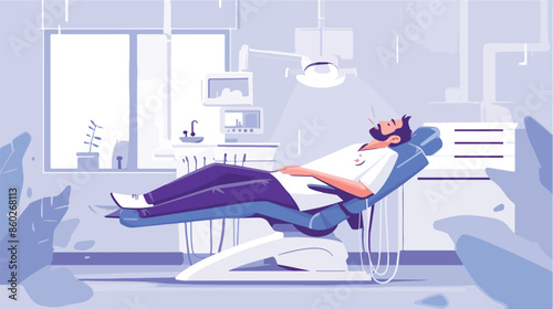 Man suffering in dental chair. flat vector style 