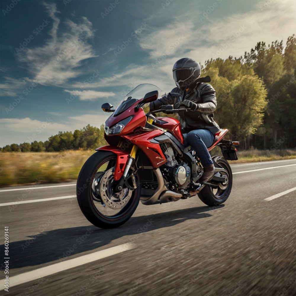 Motorcycle, high-speed design, cruising on the highway, realistic, 1080p --ar 16:9, Generative AI, A realistic image of a bike with a high-speed design Motorcycle, high-speed design, cruising on the highway, realistic, 1080p --ar 16:9, Generative AI, A realistic image of a bike with a high-speed design