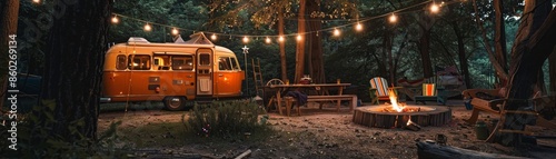 Campsite Under the Stars with a Vintage Camper - A vintage campervan is parked in a forest campsite illuminated by string lights. A campfire burns in the center of the scene, casting warm light  