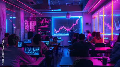 Neon Lit Classroom Focused on Finance and Technology - A group of students are studying finance and technology in a classroom illuminated by colorful neon lights.