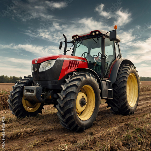 Tractor, rugged design, working on a farm, photorealistic, 1440p --ar 16:9. A photorealistic image of a rugged tractor working on a farm. Generative AI.