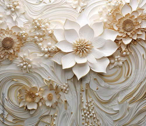 White and gold flower texture background, GenerativeAI. Luxury wallpaper © Koi