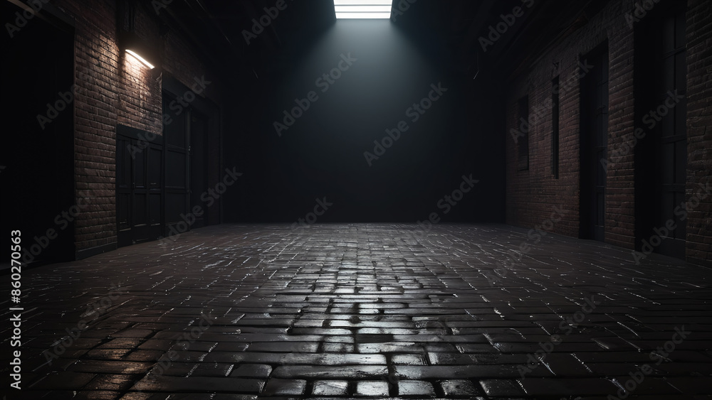 Fototapeta premium A black brick wall with a large empty room in the middle