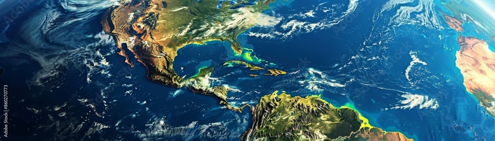 Earth From Space: A View of North and South America - A satellite image depicting a vibrant, blue and green Earth, showcasing the continents of North and South America.
