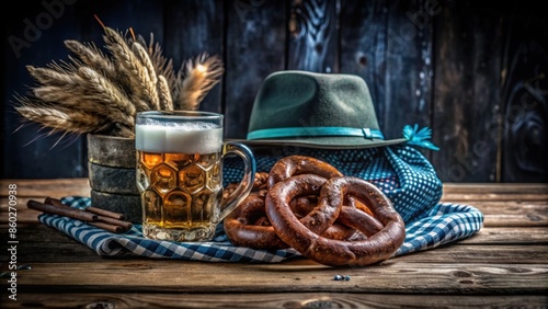 Oktoberfest beer mug with frothy beer, surrounded by pretzels and sausages, on a wooden table photo