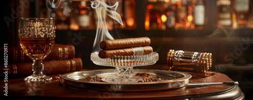 Handcrafted premium cigars carefully arranged on a finely polished wooden surface. The setting features a silver-plated ashtray, a selection of premium spirits, and a plume of aromatic tobacco smoke,