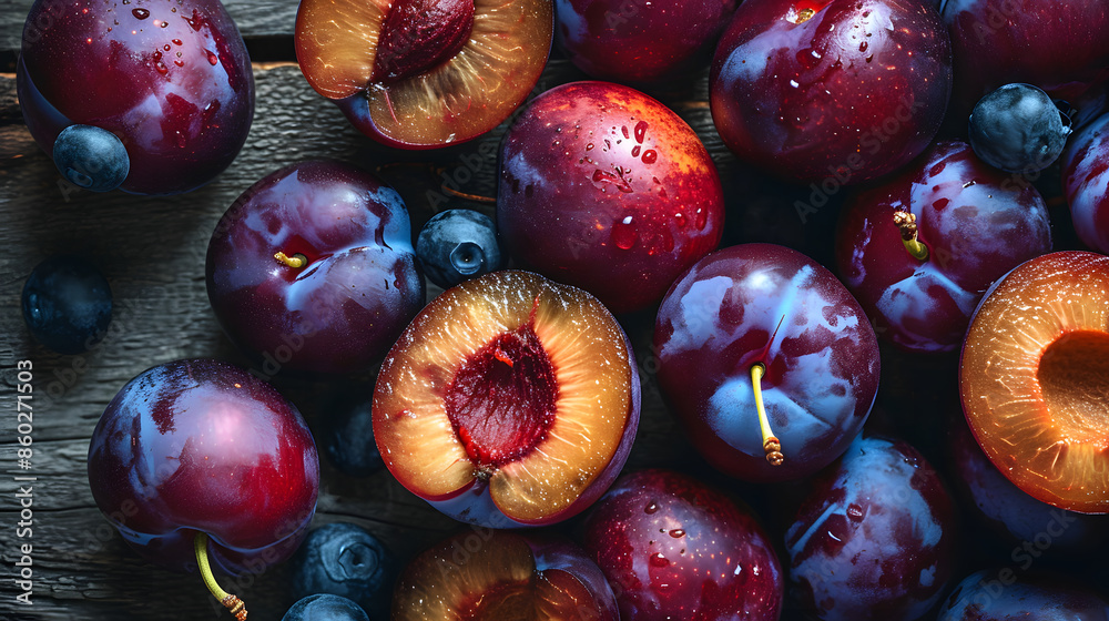 Fototapeta premium fresh plum top down view background poster 