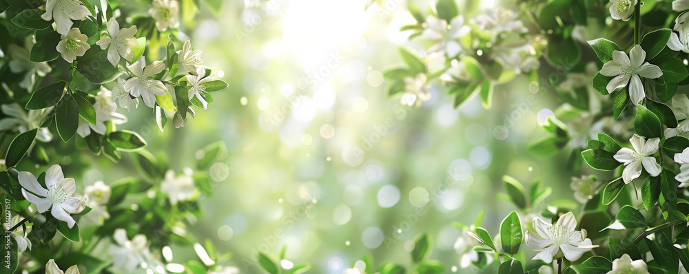 Garden wedding mockup card background with a lush green foliage frame and delicate white flowers. A soft sunlight effect adds a natural, serene atmosphere. Garden wedding mockup card background with a lush green foliage frame and delicate white flowers. A soft sunlight effect adds a natural, serene atmosphere.