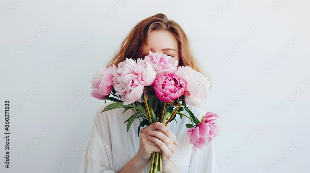 Girl with pink peonies bouquet at white wall : Generative AI Girl with pink peonies bouquet at white wall : Generative AI