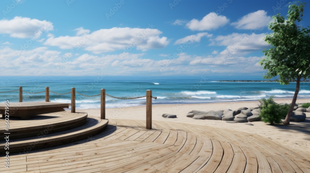 Fototapeta premium Wooden Platform on Sandy Beach with Ocean View