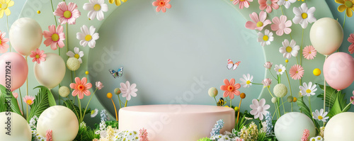 A podium surrounded by floral balloons, with a garden-themed birthday background featuring flowers and butterflies