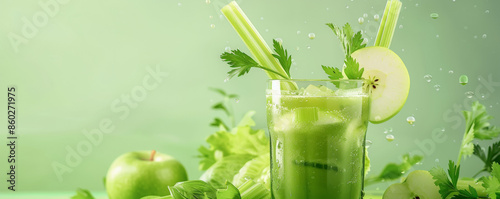 A healthy fresh juice background showcasing a glass of celery and apple juice, garnished with fresh celery sticks and apple slices, set against a light green backdrop