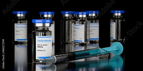 Numerous testosterone steroid vials with syringe on black background, anabolic steroid for muscle growth , selective focus photo