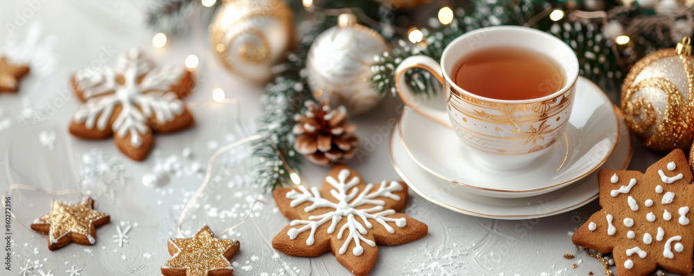 A festive tea background with a cup of holiday spiced tea, gingerbread cookies, and Christmas ornaments arranged on a table A festive tea background with a cup of holiday spiced tea, gingerbread cookies, and Christmas ornaments arranged on a table