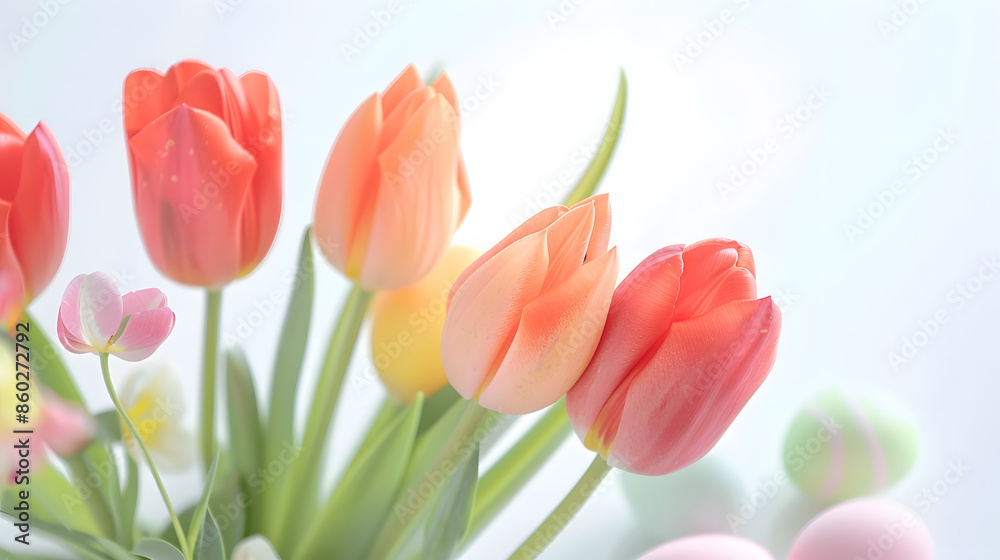 spring tulips with easter eggs on white background : Generative AI spring tulips with easter eggs on white background : Generative AI