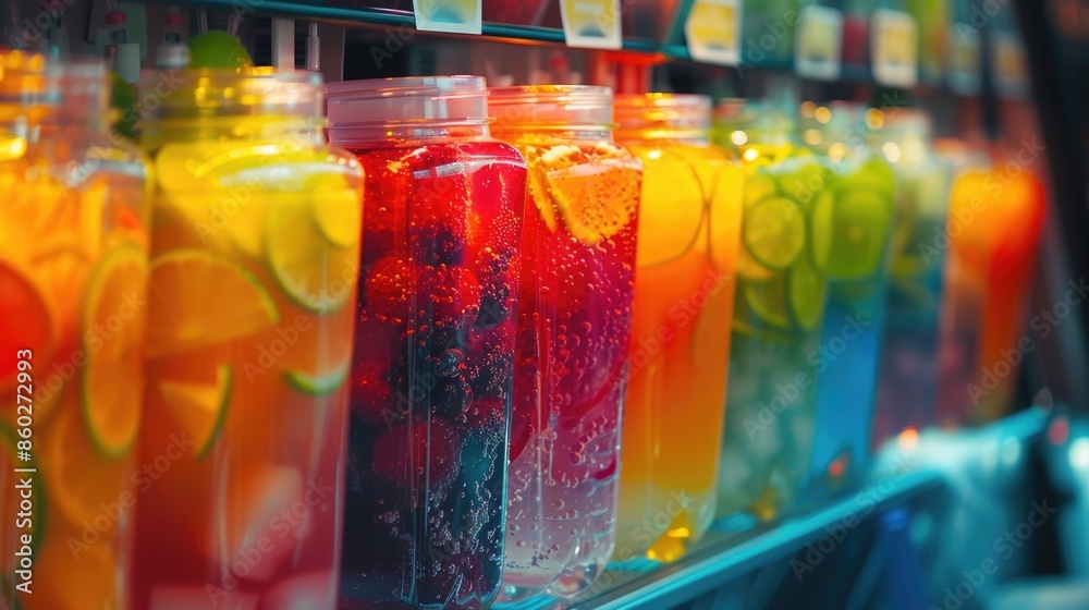 A colorful display of various beverages on a shelf, ideal for use in lifestyle or commercial settings A colorful display of various beverages on a shelf, ideal for use in lifestyle or commercial settings