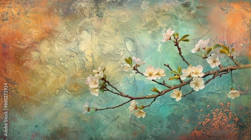 Flowering branches on colorful textured backdrop