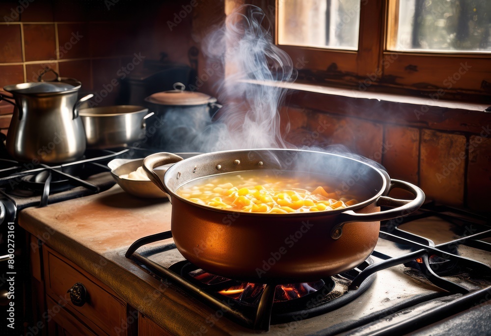 hot steam rising from delicious soup pot kitchen cooking scene, stove, steamy, culinary, preparation, food, boiling, simmering, aroma, homemade, comfort, meal,