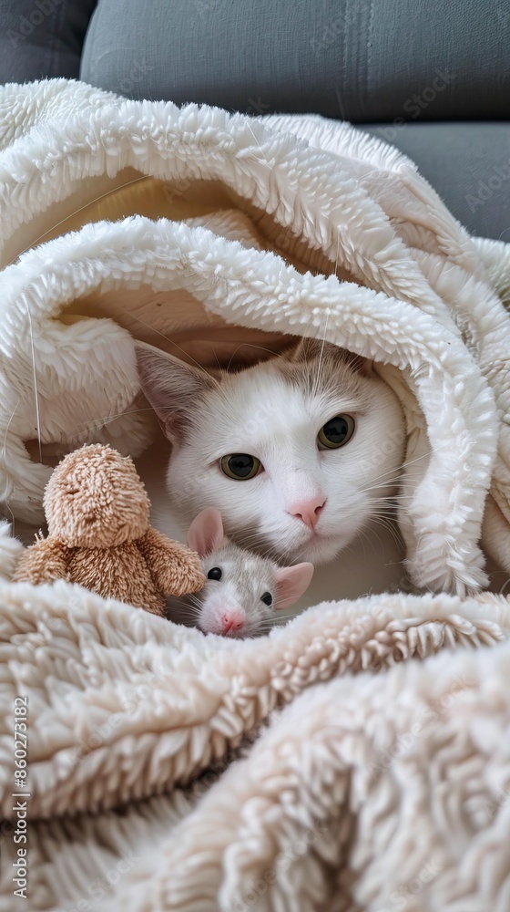 white cat with green eyes under a blanket and with a stuffed rat white cat with green eyes under a blanket and with a stuffed rat
