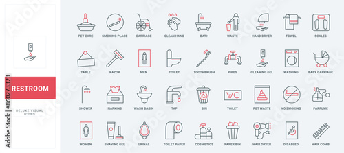 Toilet and bathroom, sanitary equipment and detergents, cosmetics line icons set. WC and shower pictogram, restroom wayfinding, cleaning tool thin black and red outline symbols vector illustration