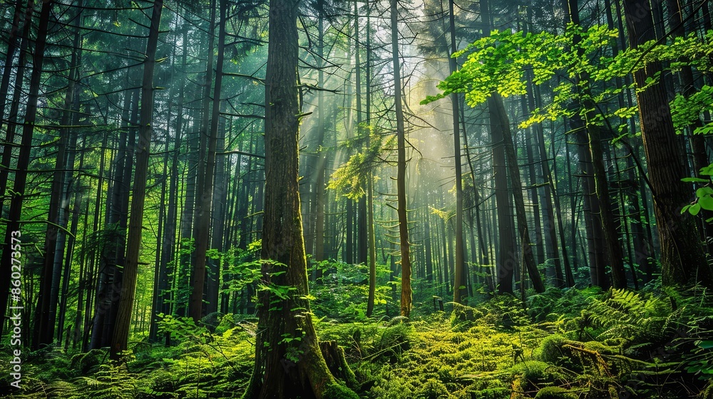 Obraz premium Lush Green Forest with Tall Trees and Abundant Greenery Showcasing Diverse Biodiversity in a Wilderness Setting. Tranquil Natural Habitat with Flourishing Flora and Fauna.