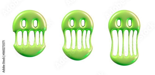 Melting smile print for T-shirts set. Y2k 3d design. Stretched mouth emoji.