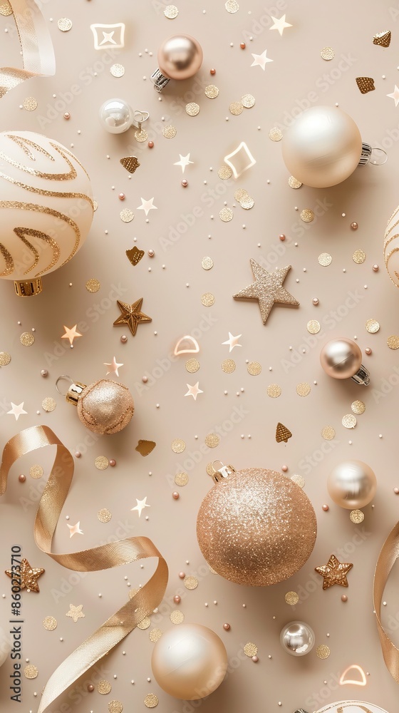 Fototapeta premium Christmas card mockup on pastel beige background with balls and stars decoration. Flat lay, top view. Minimal style 