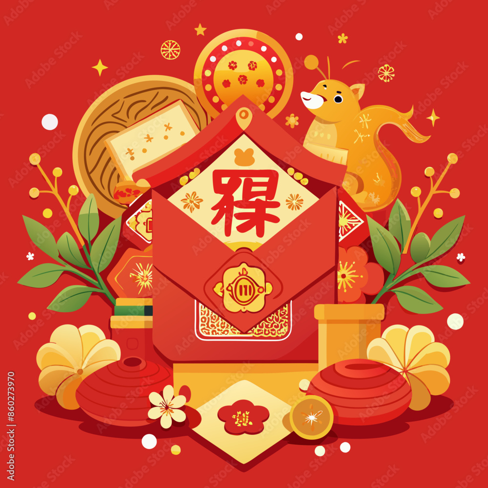 Fototapeta premium A close-up photo of a traditional Lunar New Year decoration. A vibrant red envelope, adorned with intricate gold calligraphy featuring a zodiac animal, sits on a silk cloth. The calligraphy represents