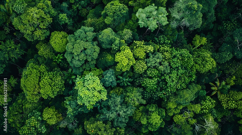 Naklejka premium Lush Green Forest with Tall Trees and Abundant Greenery Showcasing Diverse Biodiversity in a Wilderness Setting. Tranquil Natural Habitat with Flourishing Flora and Fauna.