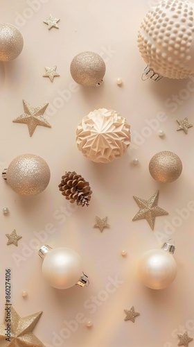 Christmas card mockup on pastel beige background with balls and stars decoration. Flat lay, top view. Minimal style 
