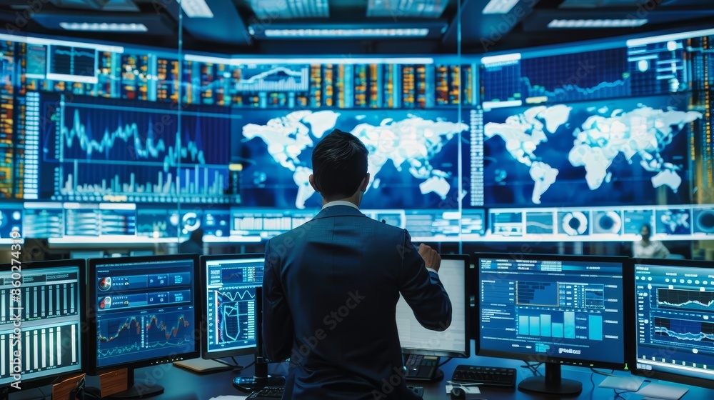 Man in Suit Analyzing Data on Multiple Screens - A man in a suit stands in front of a wall of large screens displaying data and charts, analyzing information. Man in Suit Analyzing Data on Multiple Screens - A man in a suit stands in front of a wall of large screens displaying data and charts, analyzing information.