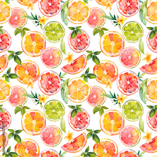 Citrus exotic fruit and flowers seamless background. For advertising products, cosmetic products, kitchen textile prints, covers, postcards, packaging.