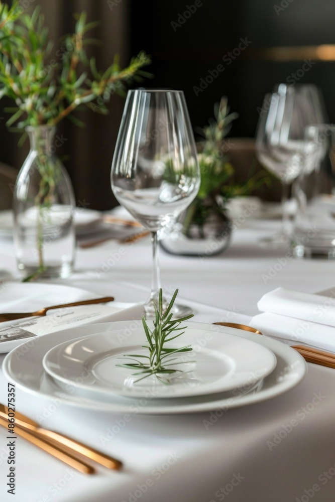 A beautifully set table with white plates, silverware, and a sprig of rosemary A beautifully set table with white plates, silverware, and a sprig of rosemary