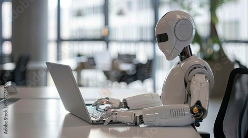 modern Humanoid AI robot sitting at desk in office typing on laptop - generative ai