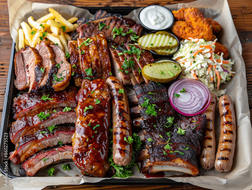 Platter of delicious grilled meat with vegetables