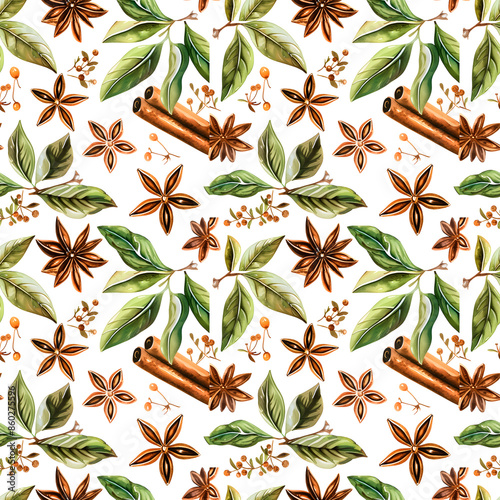 Seamless pattern with spices cinnamon, badyan on white background. For invitations, cafe, restaurant food menu, print, kitchen design, cards, package. © Maryna