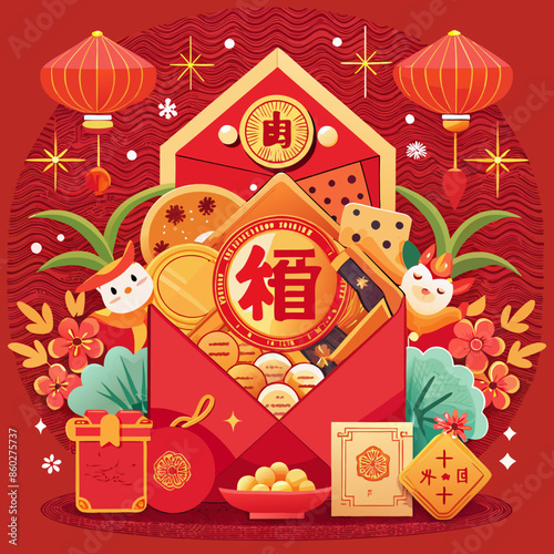 A close-up photo of a traditional Lunar New Year decoration. A vibrant red envelope, adorned with intricate gold calligraphy featuring a zodiac animal, sits on a silk cloth. The calligraphy represents