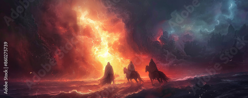 A mystical portrayal of the Four Horsemen of the Apocalypse emerging from a rift in the sky, their horses glowing with an otherworldly light. The background is a twilight landscape with eerie, photo