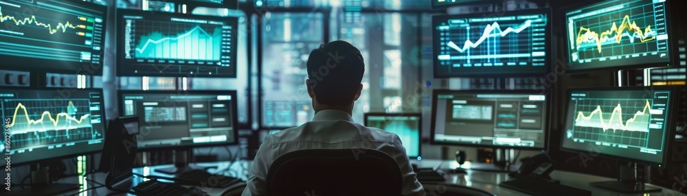 Analyst Studying Stock Market Data On Multiple Monitors - A man in a white shirt sits in a dark office in front of multiple monitors displaying stock market data. The data is depicted as graphs and ch Analyst Studying Stock Market Data On Multiple Monitors - A man in a white shirt sits in a dark office in front of multiple monitors displaying stock market data. The data is depicted as graphs and ch