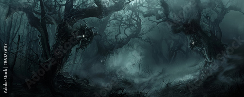 Dark Gothic fantasy background depicting a cursed forest with twisted, gnarled trees and glowing, malevolent eyes peering from the shadows. The ground is covered in dark, foreboding mist.