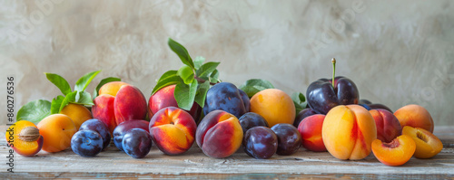 A juicy fruit background with a collection of stone fruits including peaches, plums, and apricots, displayed on a light wooden surface, perfect for a summer harvest theme photo