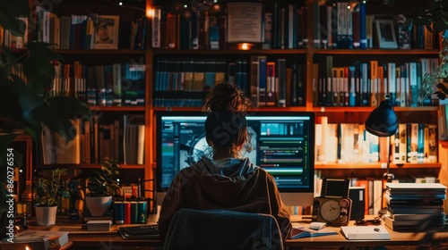 Woman Working on Computer in a Library Setting - A woman with her hair pulled back in a bun sits at a desk in front of a computer, surrounded by bookshelves in a dimly lit room.