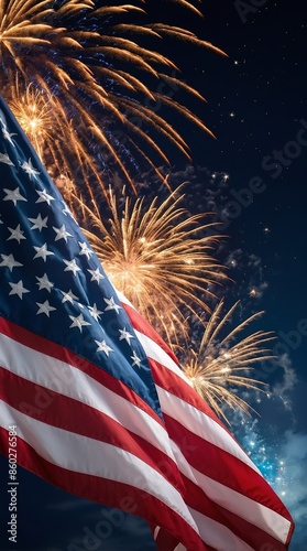 The American flag against 4th of July fireworks exploding in background. Independence Day concept